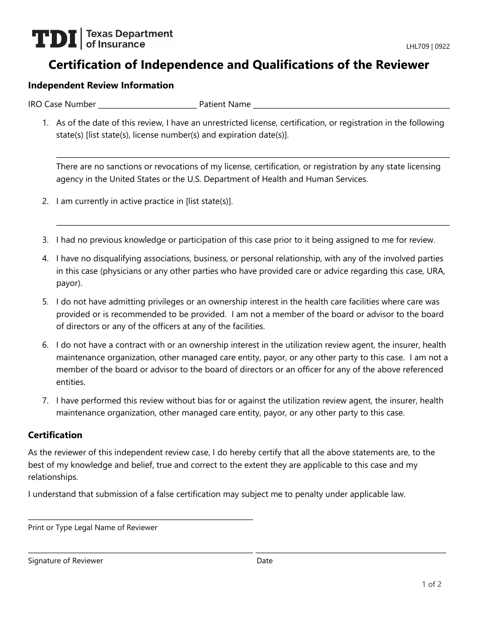 Form LHL709 Certification of Independence and Qualifications of the Reviewer - Texas, Page 1