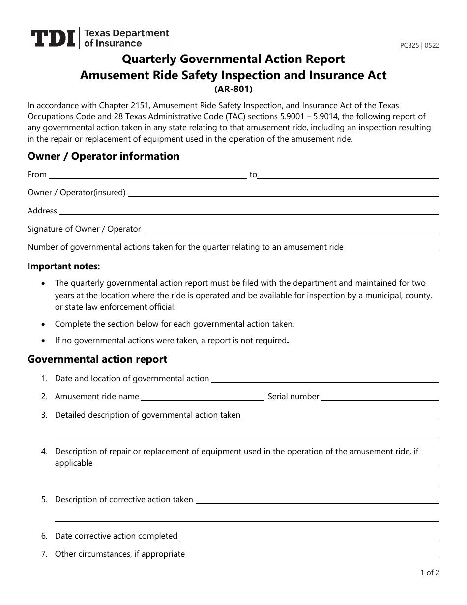 Form PC325 (AR-801) Quarterly Governmental Action Report - Amusement Ride Safety Inspection and Insurance Act - Texas, Page 1