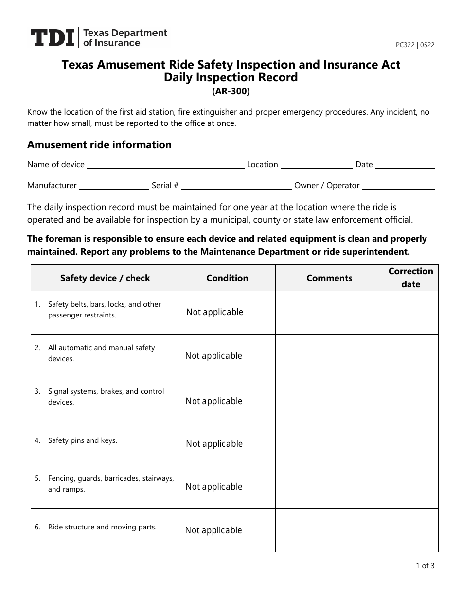 Form PC322 (AR-300) Texas Amusement Ride Safety Inspection and Insurance Act Daily Inspection Record - Texas, Page 1