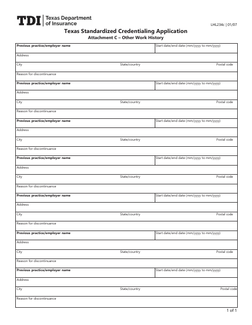 Form LHL234C Attachment C Texas Standardized Credentialing Application - Other Work History - Texas