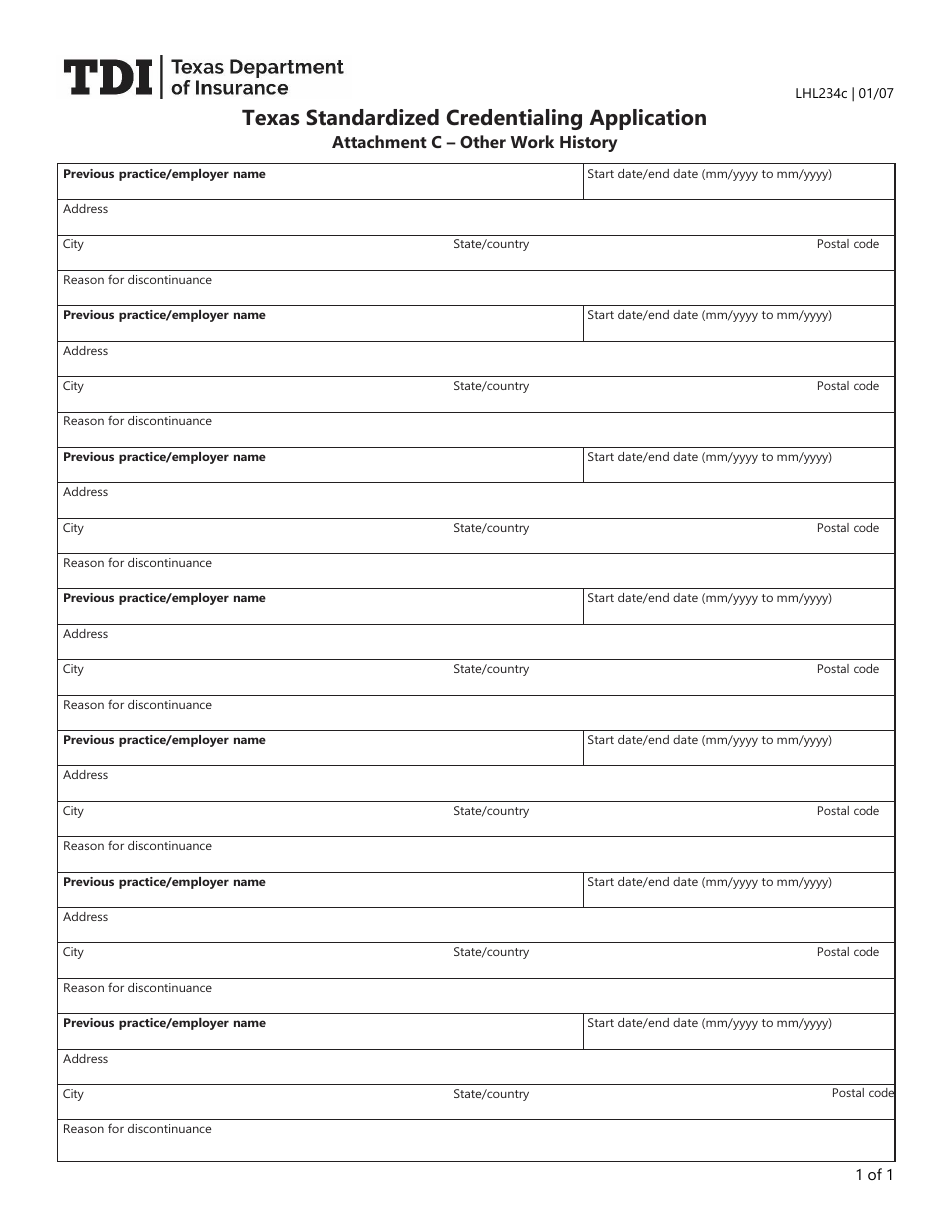 Form LHL234C Attachment C Texas Standardized Credentialing Application - Other Work History - Texas, Page 1
