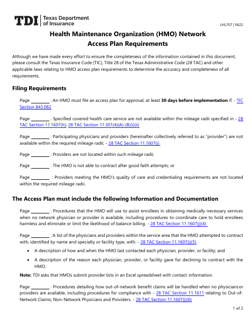 Form LHL707 Health Maintenance Organization (HMO) Network Access Plan Requirements - Texas