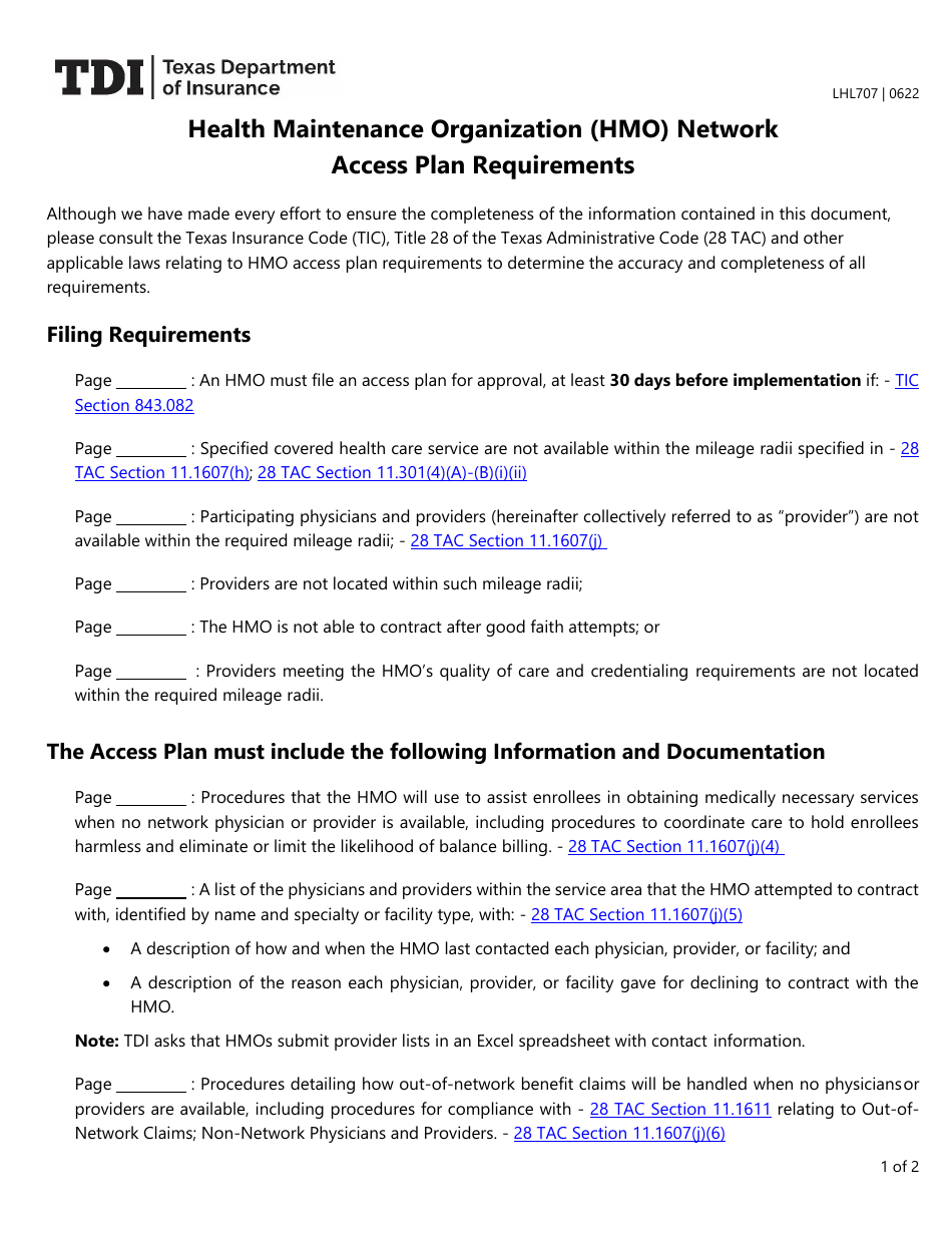 Form LHL707 Health Maintenance Organization (HMO) Network Access Plan Requirements - Texas, Page 1