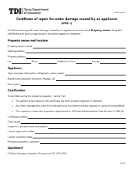 Document preview: Form PC-327 (WDR-1) Certificate of Repair for Water Damage Caused by an Appliance - Texas