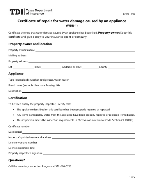 Form PC-327 (WDR-1) Certificate of Repair for Water Damage Caused by an Appliance - Texas