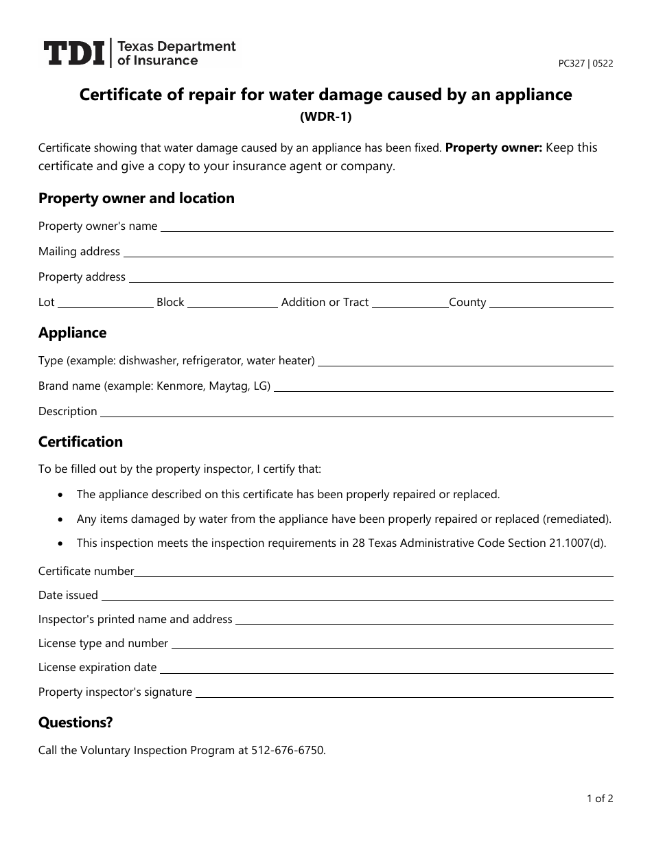 Form PC-327 (WDR-1) Certificate of Repair for Water Damage Caused by an Appliance - Texas, Page 1