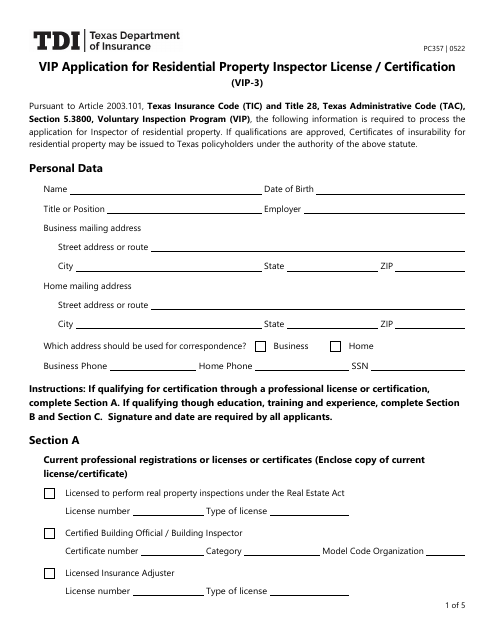 Form PC357 (VIP-3) Vip Application for Residential Property Inspector License/Certification - Texas