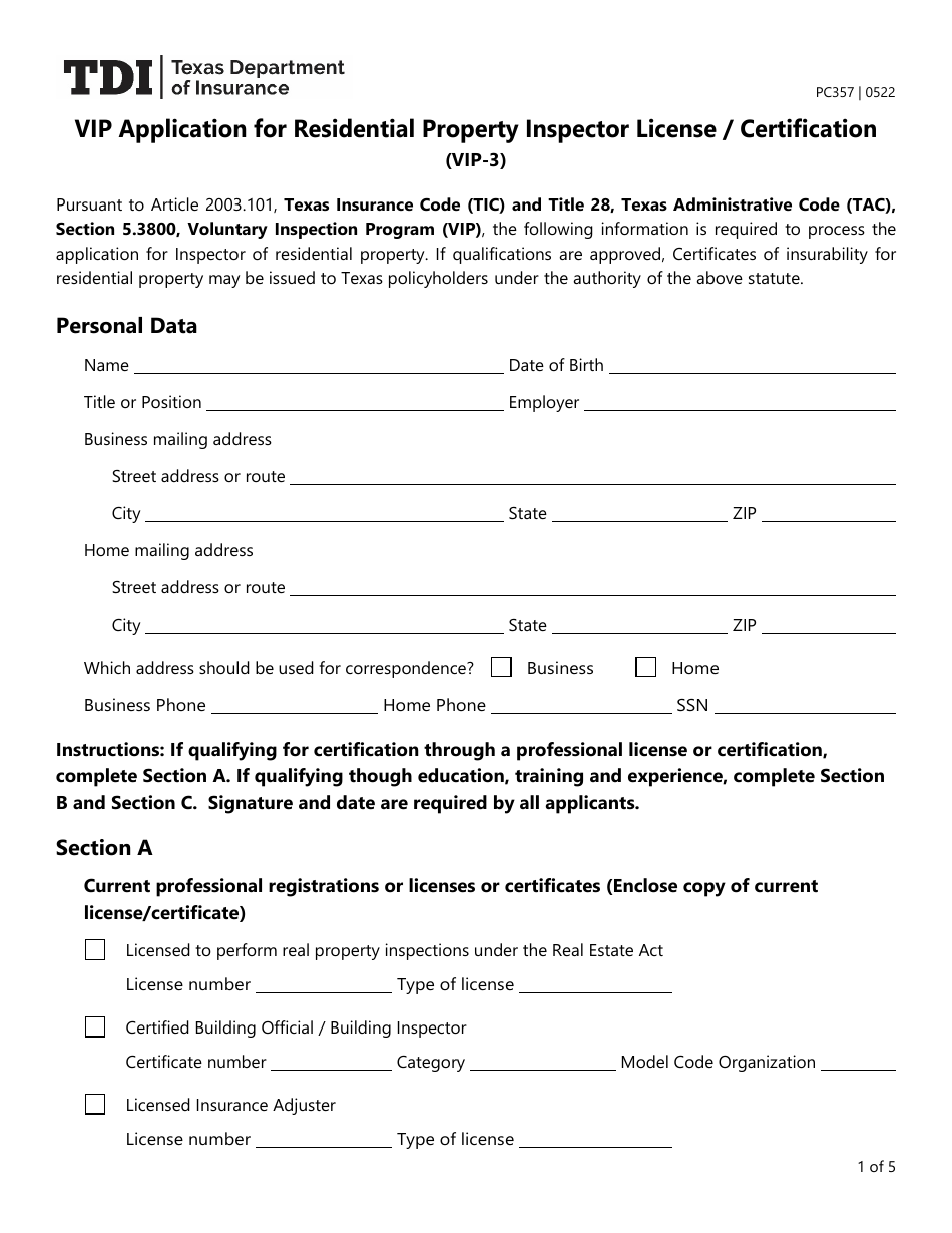 Form PC357 (VIP-3) Vip Application for Residential Property Inspector License / Certification - Texas, Page 1