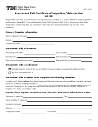Document preview: Form PC321 (AR-100) Amusement Ride Certificate of Inspection/Reinspection - Texas