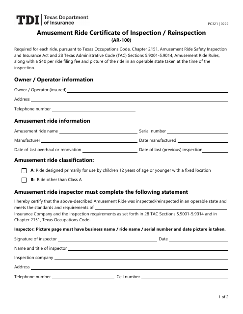 Form PC321 (AR-100) Amusement Ride Certificate of Inspection/Reinspection - Texas