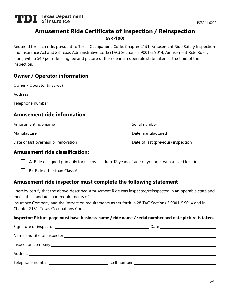 Form PC321 (AR-100) Amusement Ride Certificate of Inspection / Reinspection - Texas, Page 1