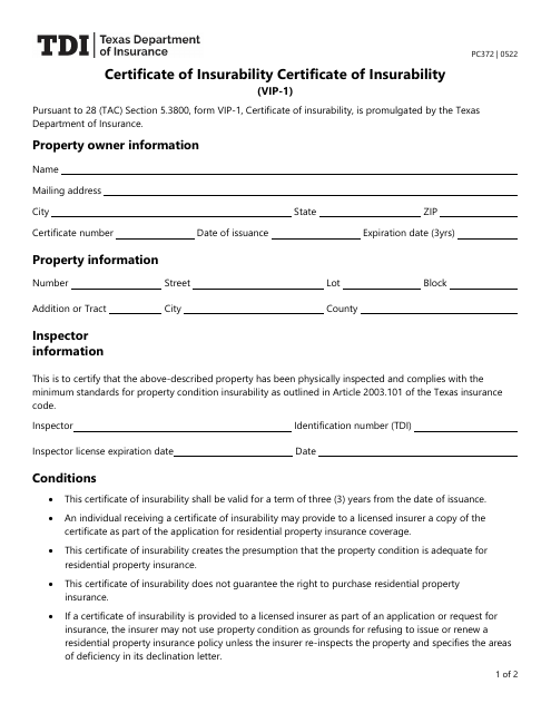 Form PC372 (VIP-1) Certificate of Insurability - Texas