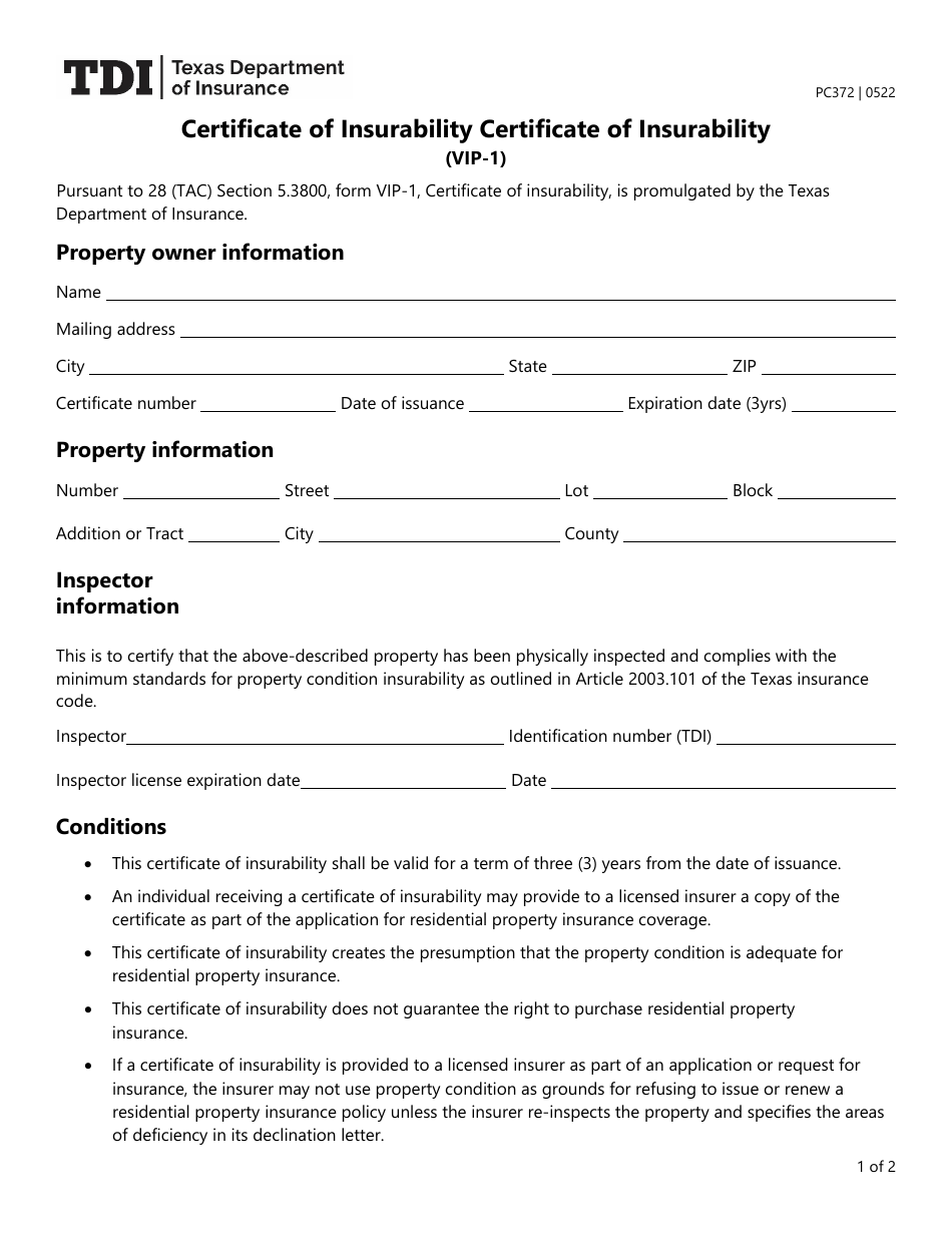 Form PC372 (VIP-1) Certificate of Insurability - Texas, Page 1
