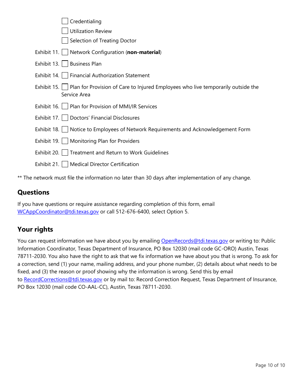 Form LHL705 Workers Compensation Health Care Network Application - Texas, Page 10