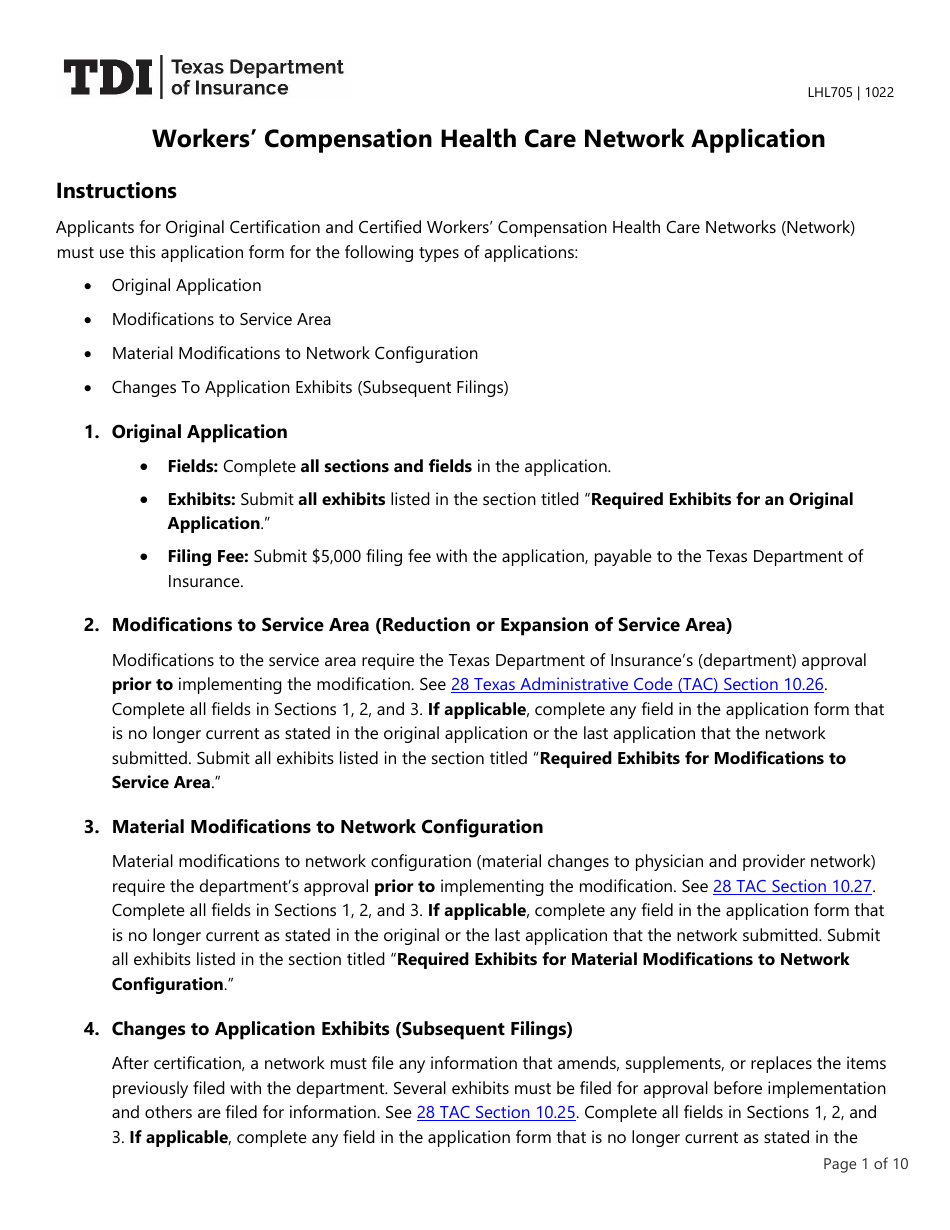 Form LHL705 Workers Compensation Health Care Network Application - Texas, Page 1