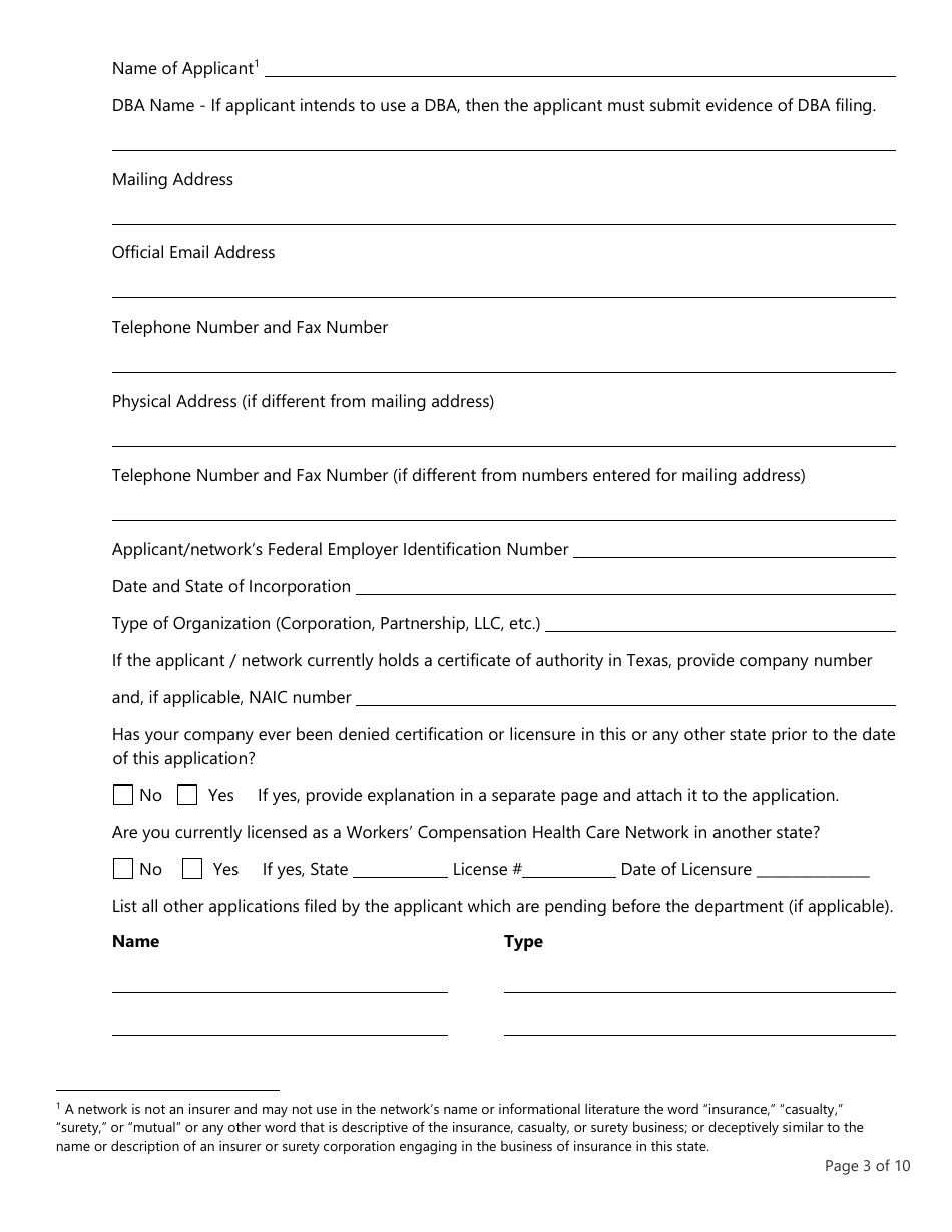 Form LHL705 Workers Compensation Health Care Network Application - Texas, Page 3