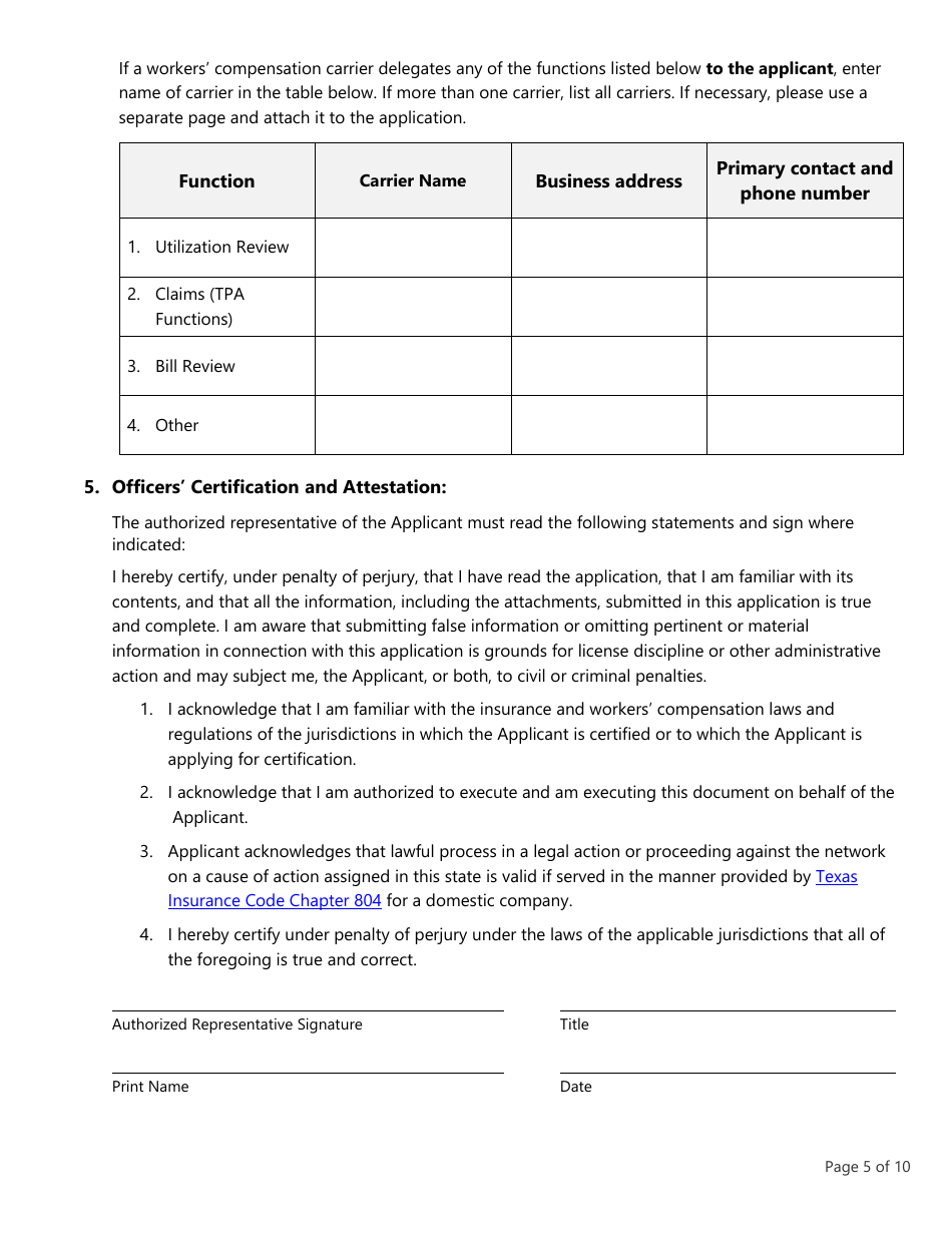 Form LHL705 Workers Compensation Health Care Network Application - Texas, Page 5