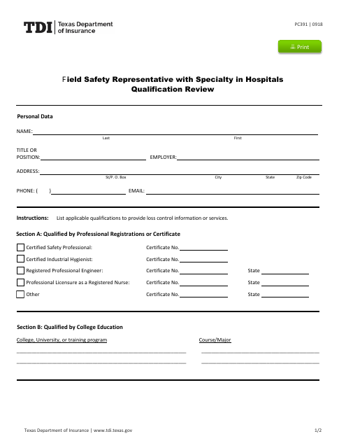Form PC391 Field Safety Representative With Specialty in Hospitals Qualification Review - Texas