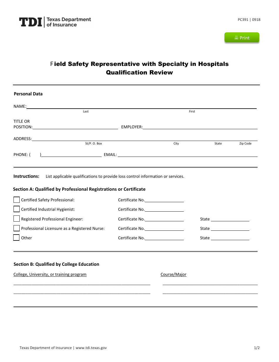 Form PC391 Field Safety Representative With Specialty in Hospitals Qualification Review - Texas, Page 1