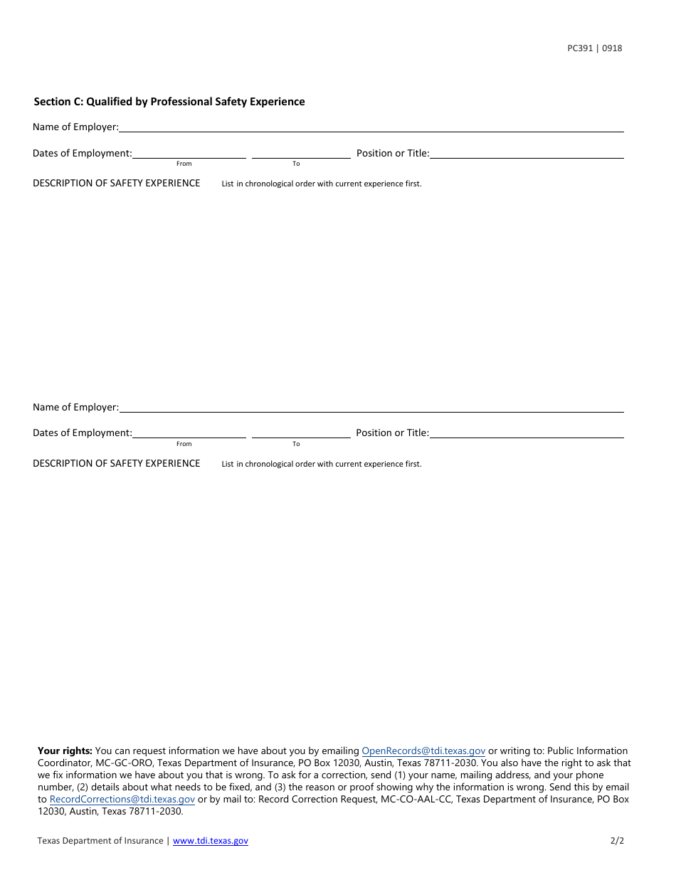 Form PC391 Field Safety Representative With Specialty in Hospitals Qualification Review - Texas, Page 2