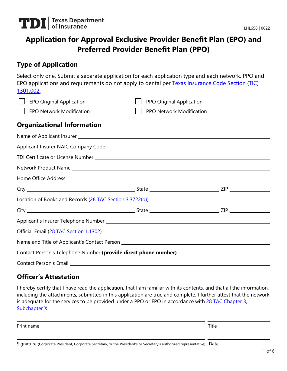 Form LHL658 Download Printable PDF or Fill Online Application for