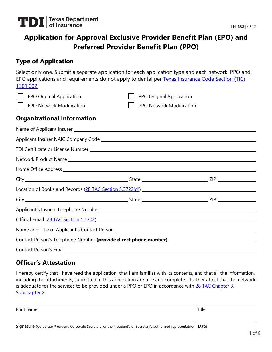 Form LHL658 Application for Approval Exclusive Provider Benefit Plan (Epo) and Preferred Provider Benefit Plan (Ppo) - Texas, Page 1