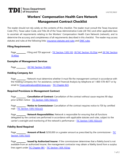 Form LHL722 Workers' Compensation Health Care Network Management Contract Checklist - Texas