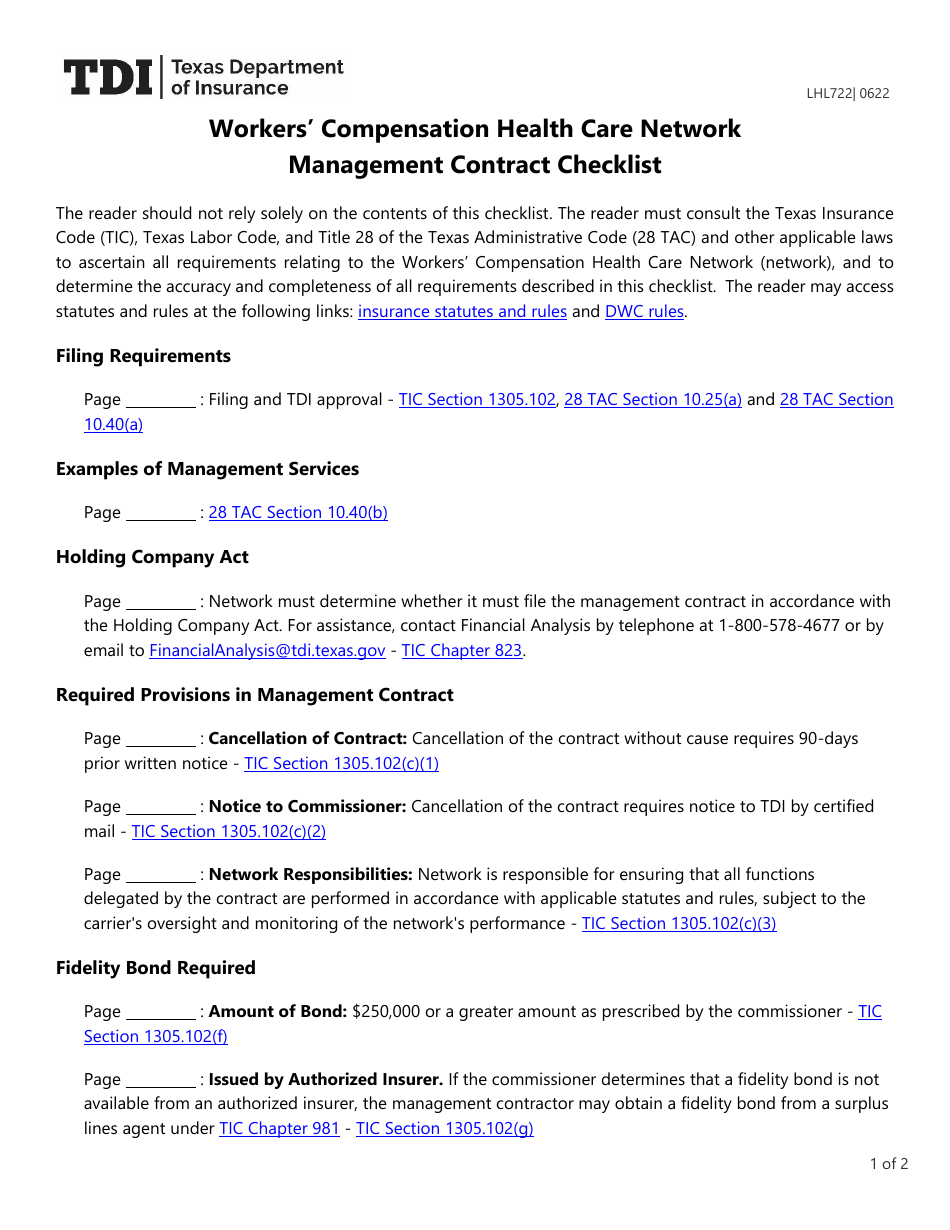 Form LHL722 Workers Compensation Health Care Network Management Contract Checklist - Texas, Page 1