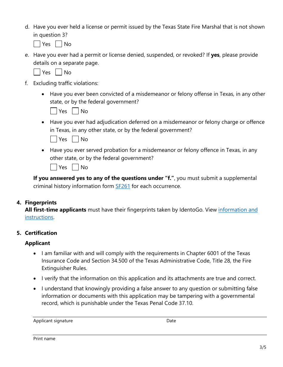 Form SF026 Individual Application for All Types of Fire Extinguisher Licenses - Texas, Page 3
