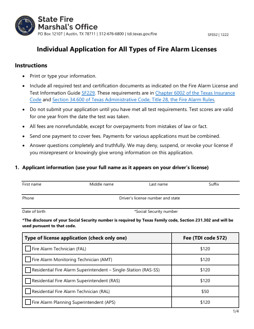 Form SF032 Individual Application for All Types of Fire Alarm Licenses - Texas