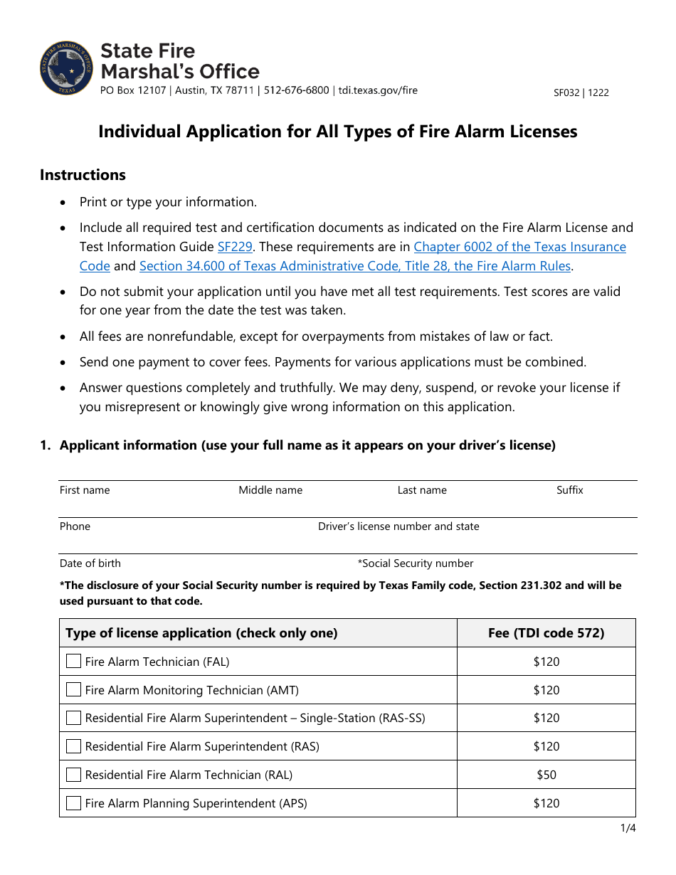 Form SF032 Individual Application for All Types of Fire Alarm Licenses - Texas, Page 1