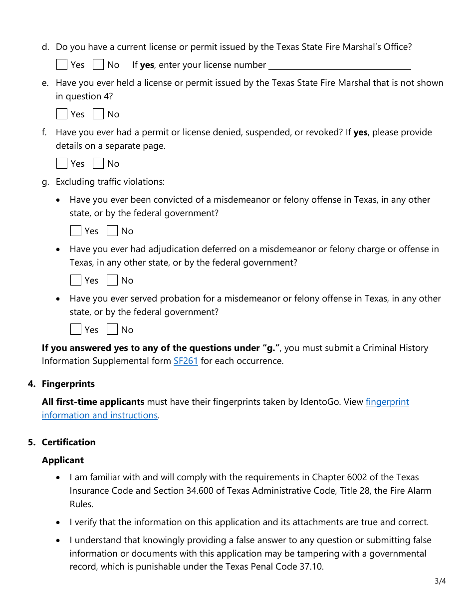 Form SF032 Individual Application for All Types of Fire Alarm Licenses - Texas, Page 3