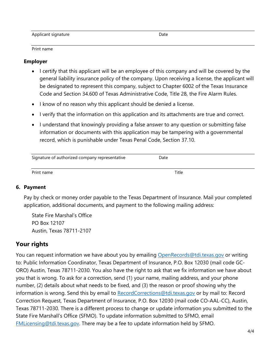 Form SF032 Individual Application for All Types of Fire Alarm Licenses - Texas, Page 4