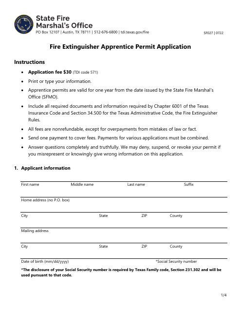 Form SF027 Fire Extinguisher Apprentice Permit Application - Texas
