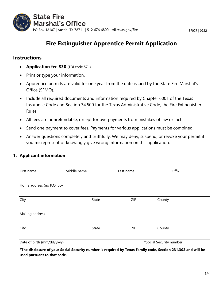 Form SF027 Fire Extinguisher Apprentice Permit Application - Texas, Page 1