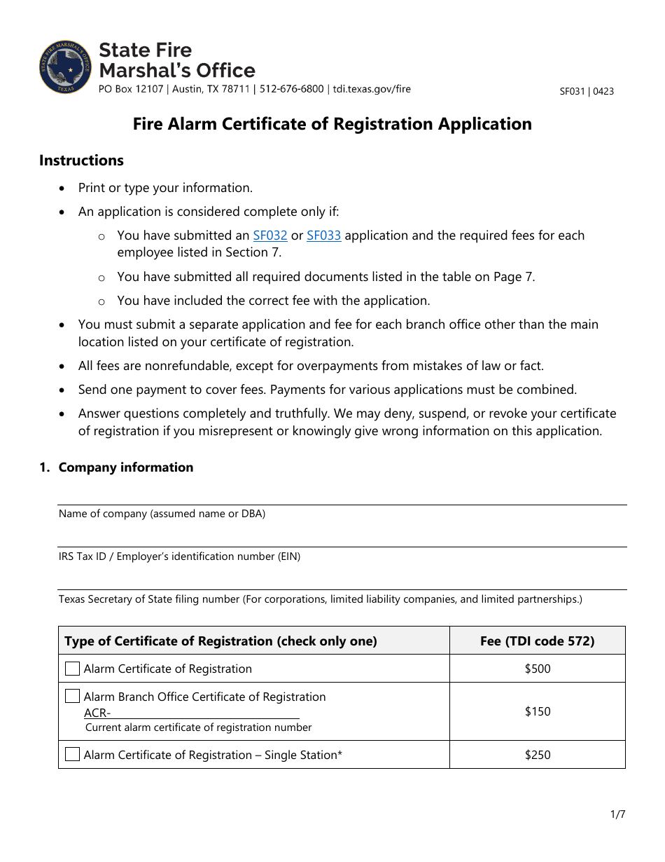 Form SF031 Fire Alarm Certificate of Registration Application - Texas, Page 1