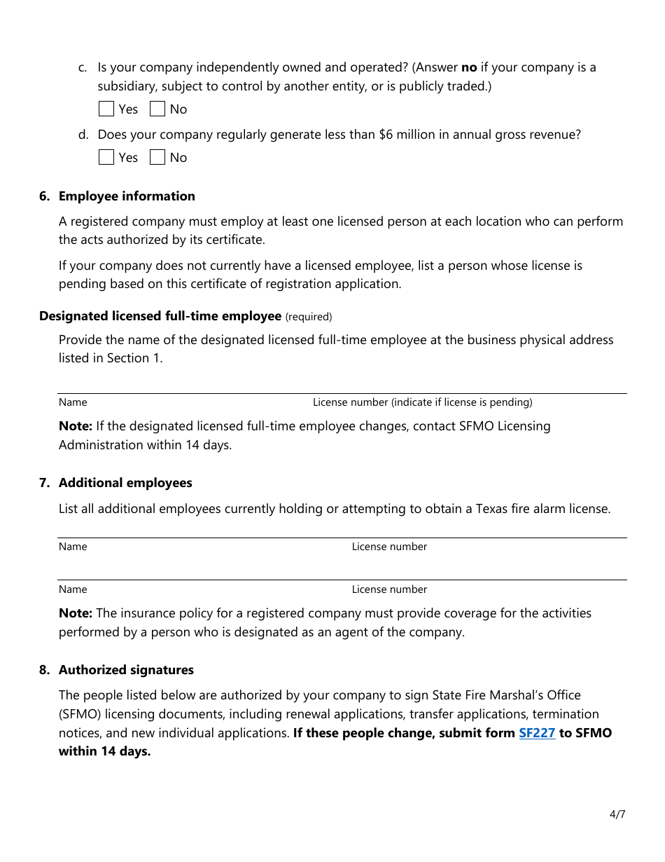 Form SF031 Fire Alarm Certificate of Registration Application - Texas, Page 4
