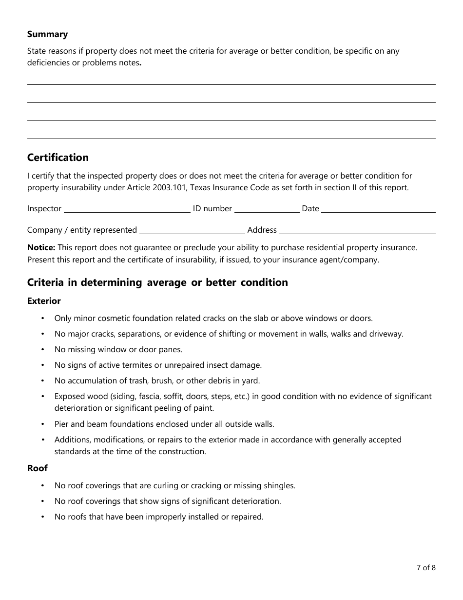 Form PC373 (VIP-2) Texas Residential Property Condition Evaluation Report - Texas, Page 7