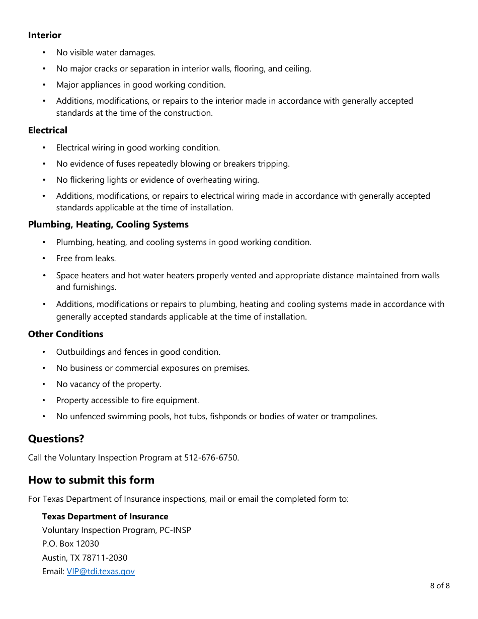 Form PC373 (VIP-2) Texas Residential Property Condition Evaluation Report - Texas, Page 8