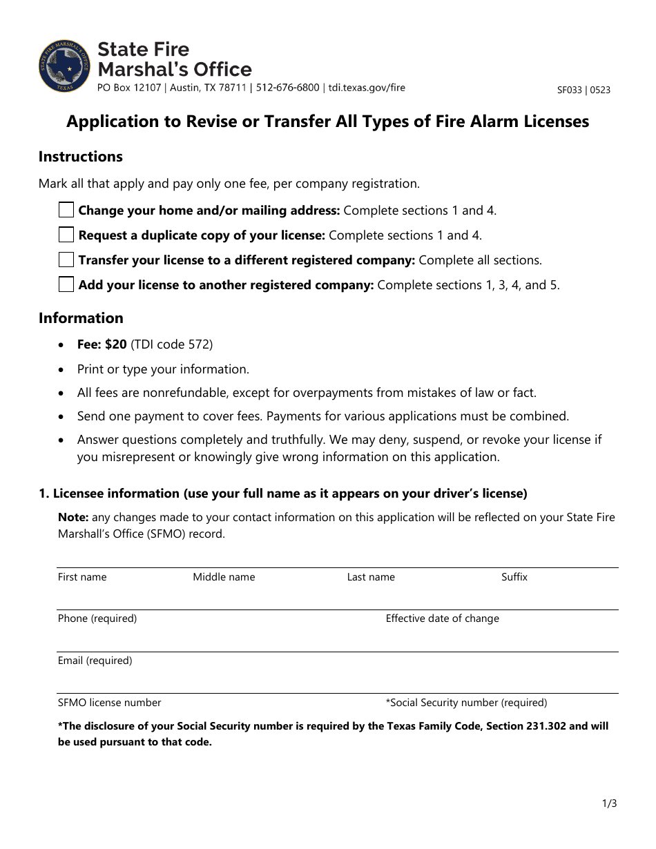 Form SF033 Application to Revise or Transfer All Types of Fire Alarm Licenses - Texas, Page 1