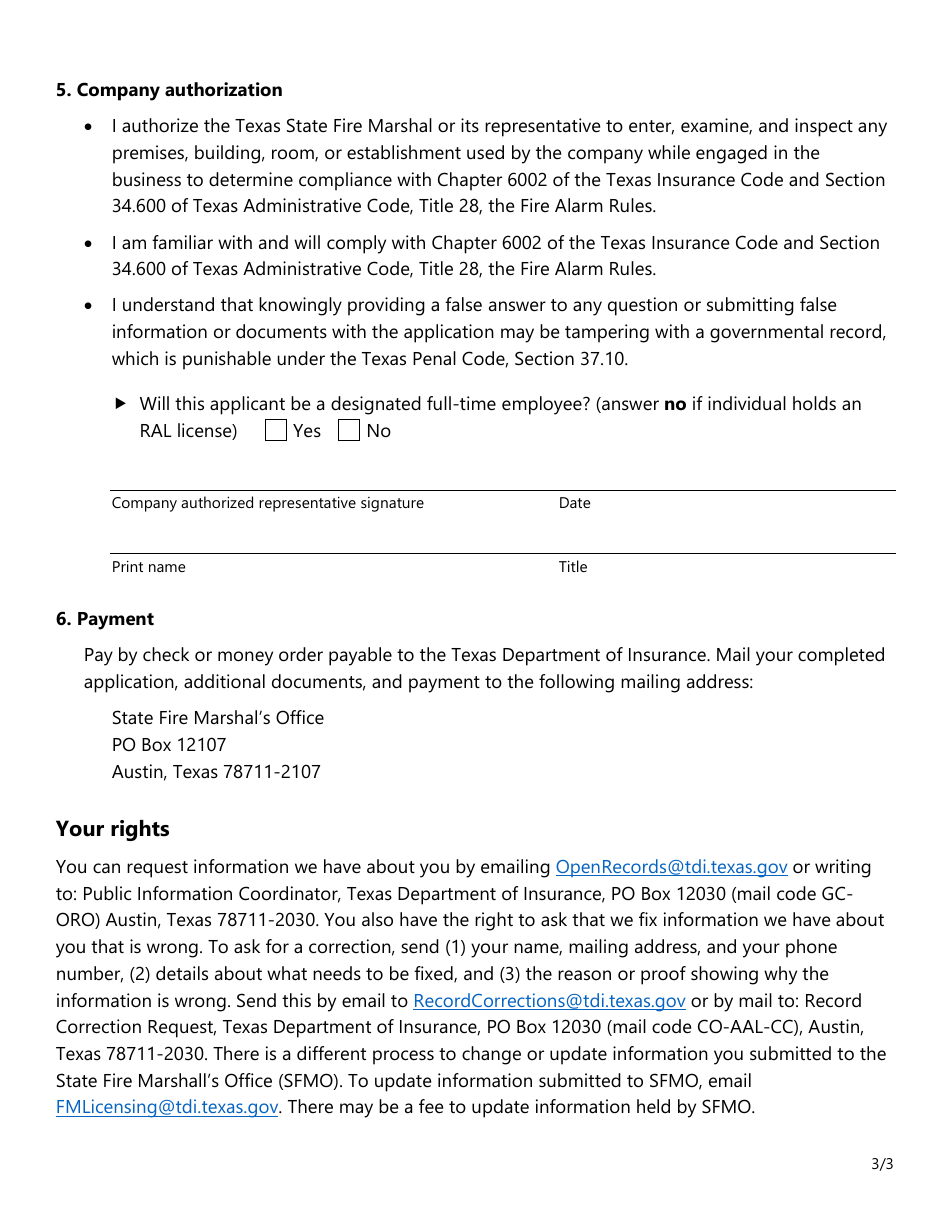 Form SF033 Application to Revise or Transfer All Types of Fire Alarm Licenses - Texas, Page 3