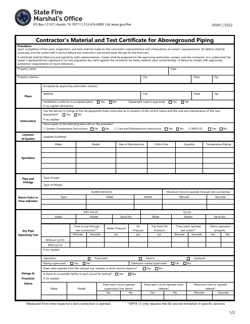 Form SF041 Contractor's Material and Test Certificate for Aboveground Piping - Texas