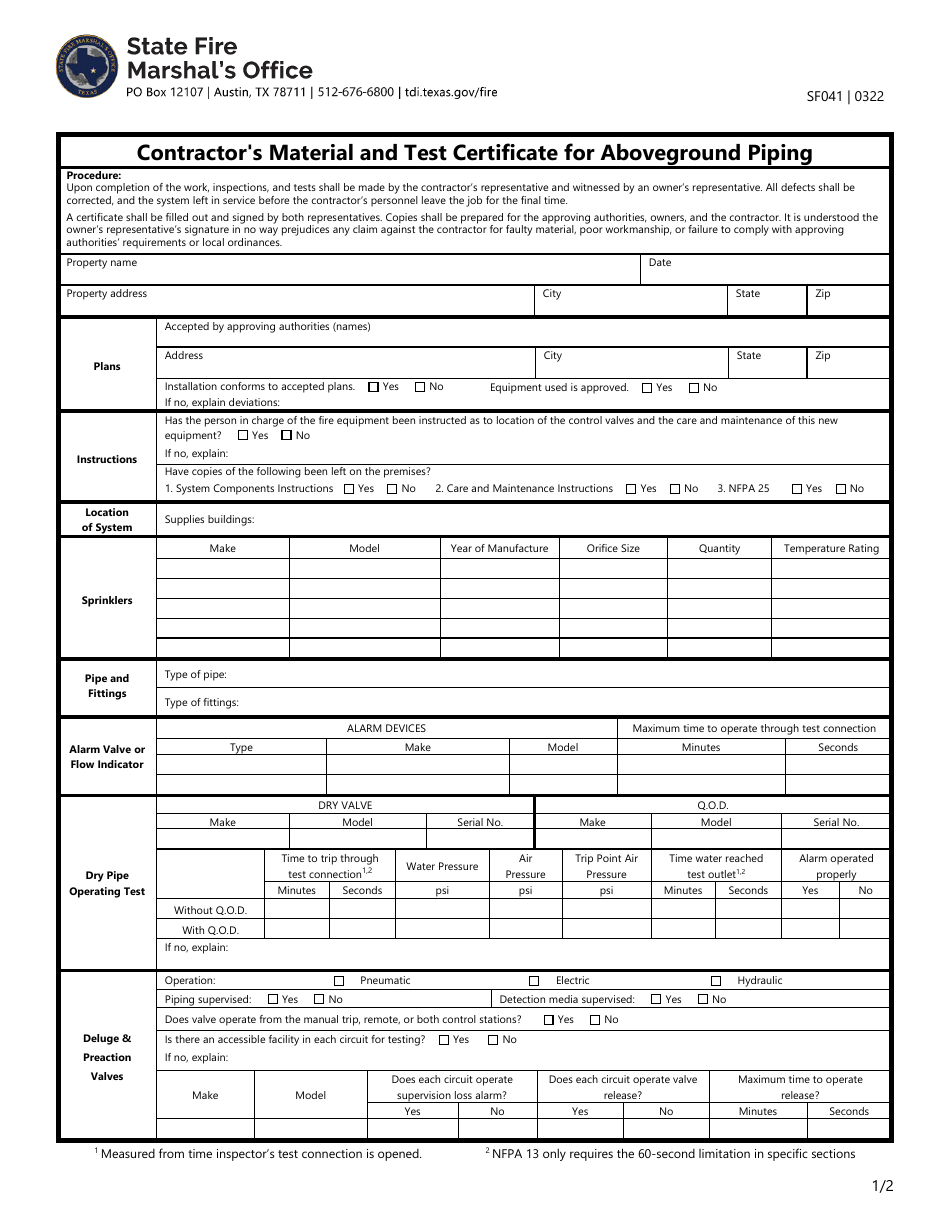 Form SF041 Contractors Material and Test Certificate for Aboveground Piping - Texas, Page 1
