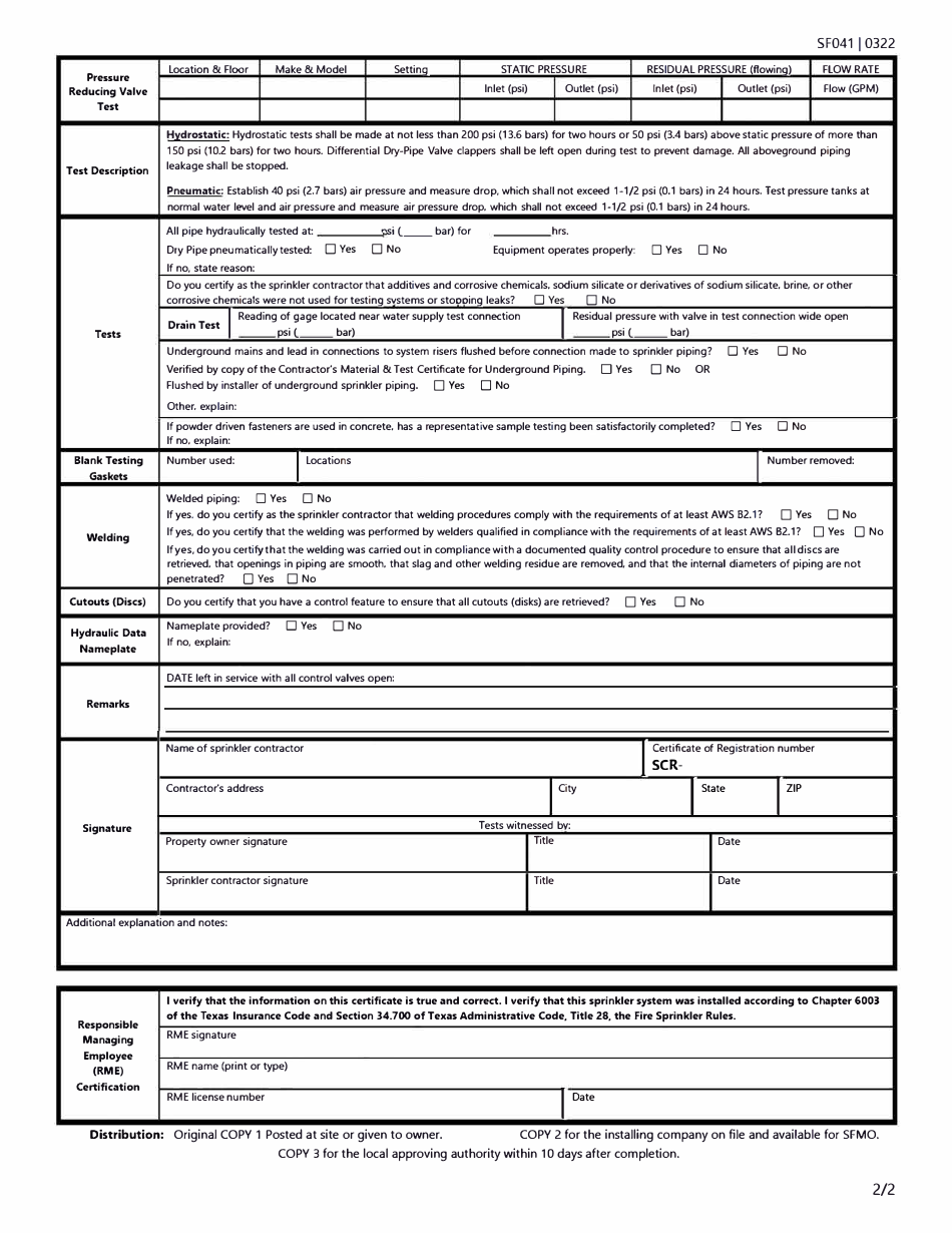 Form SF041 Contractors Material and Test Certificate for Aboveground Piping - Texas, Page 2