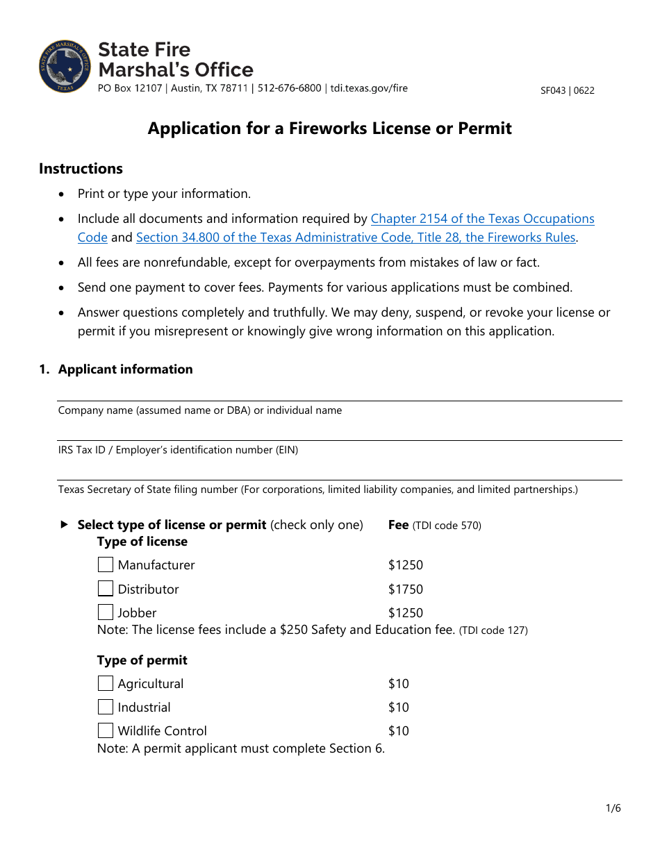 Form SF043 Application for a Fireworks License or Permit - Texas, Page 1