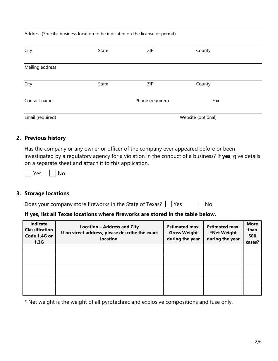 Form SF043 Application for a Fireworks License or Permit - Texas, Page 2