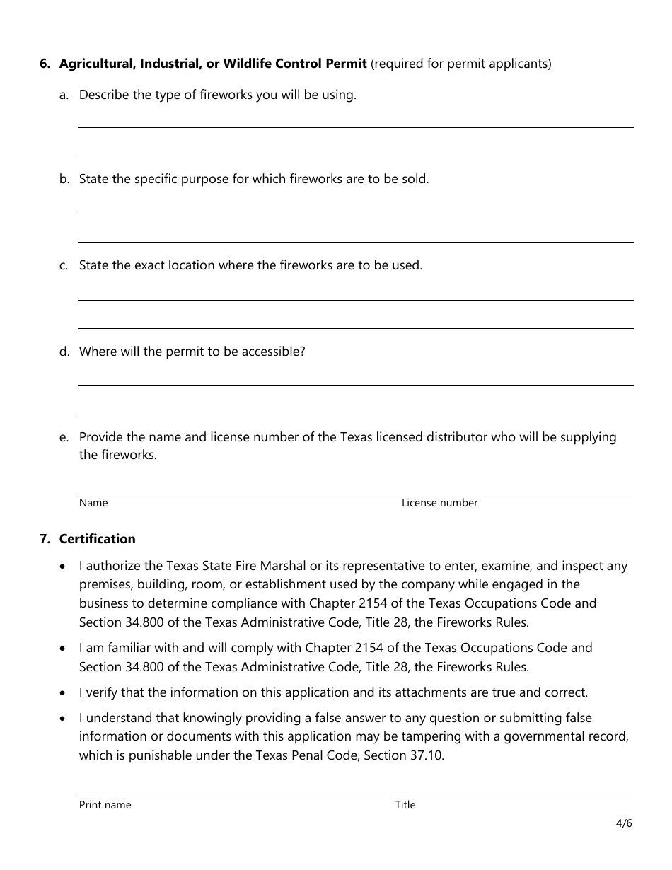 Form SF043 Application for a Fireworks License or Permit - Texas, Page 4