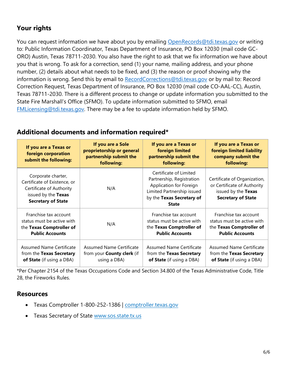 Form SF043 Application for a Fireworks License or Permit - Texas, Page 6