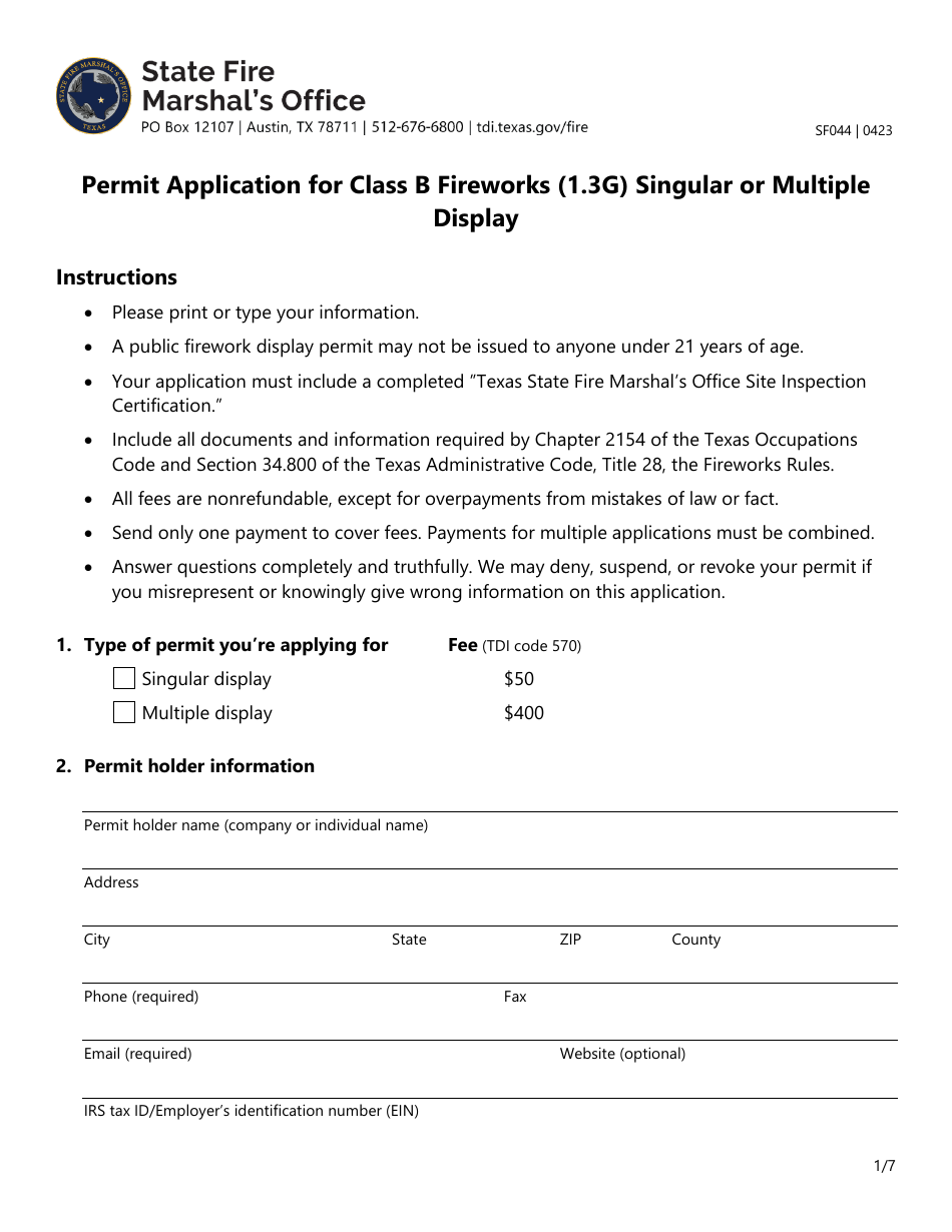 Form SF044 Permit Application for Class B Fireworks (1.3g) Singular or Multiplevdisplay - Texas, Page 1