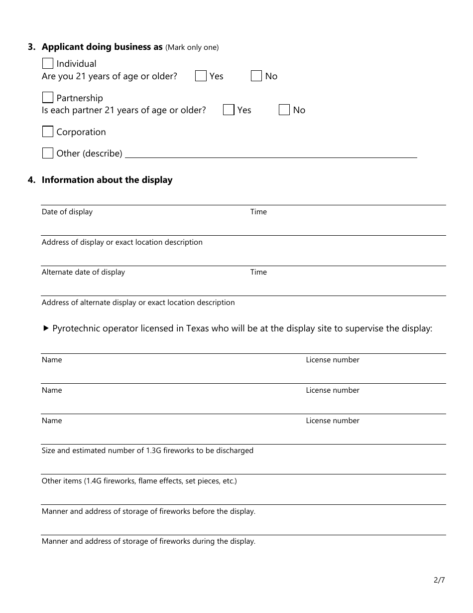 Form SF044 Permit Application for Class B Fireworks (1.3g) Singular or Multiplevdisplay - Texas, Page 2